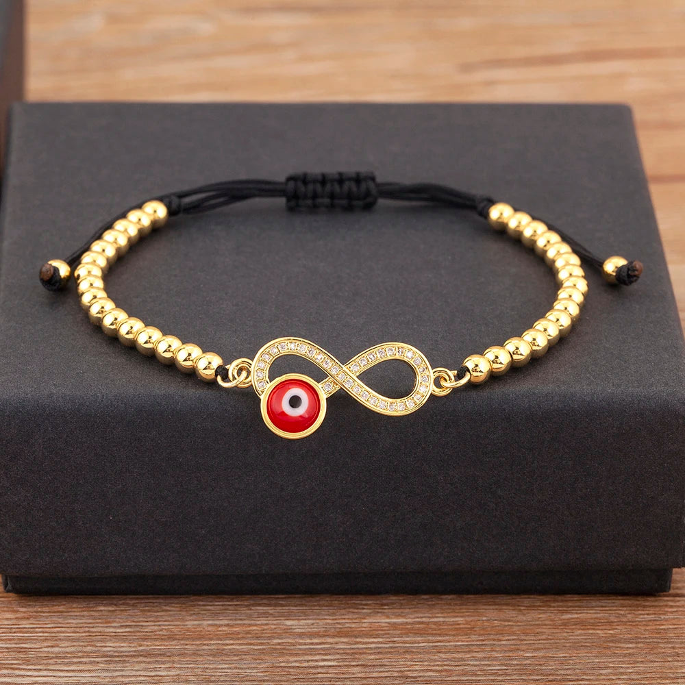 Nidin New Trendy 8 Number Shape Evil Eye Round Beads Charm Bracelets Adjustable For Women Shiny Crystal Zircon Jewelry Gifts