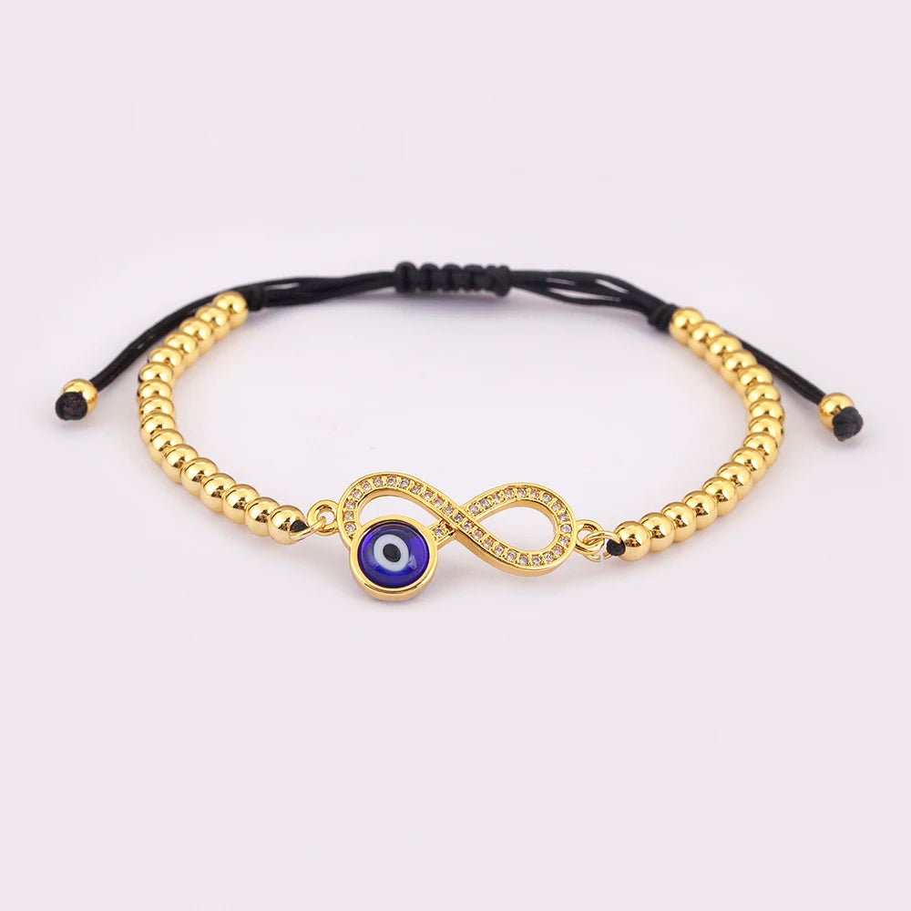 Nidin New Trendy 8 Number Shape Evil Eye Round Beads Charm Bracelets Adjustable For Women Shiny Crystal Zircon Jewelry Gifts