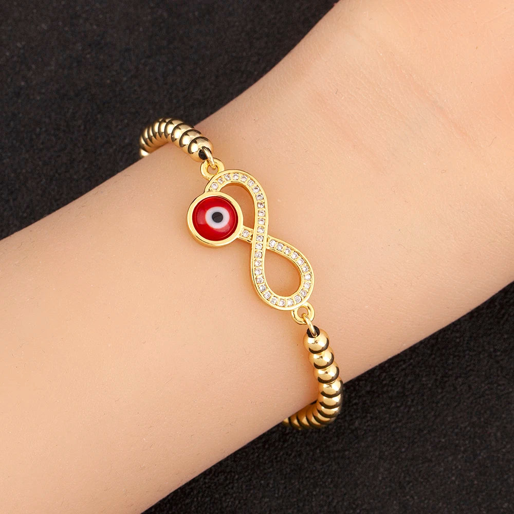 Nidin New Trendy 8 Number Shape Evil Eye Round Beads Charm Bracelets Adjustable For Women Shiny Crystal Zircon Jewelry Gifts