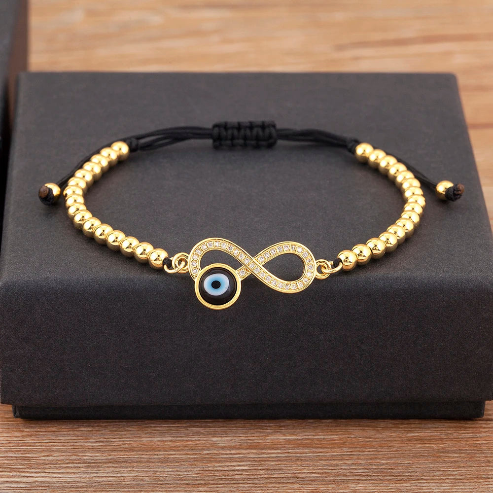 Nidin New Trendy 8 Number Shape Evil Eye Round Beads Charm Bracelets Adjustable For Women Shiny Crystal Zircon Jewelry Gifts
