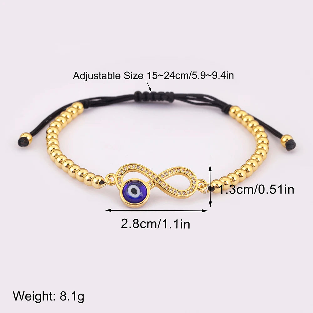 Nidin New Trendy 8 Number Shape Evil Eye Round Beads Charm Bracelets Adjustable For Women Shiny Crystal Zircon Jewelry Gifts