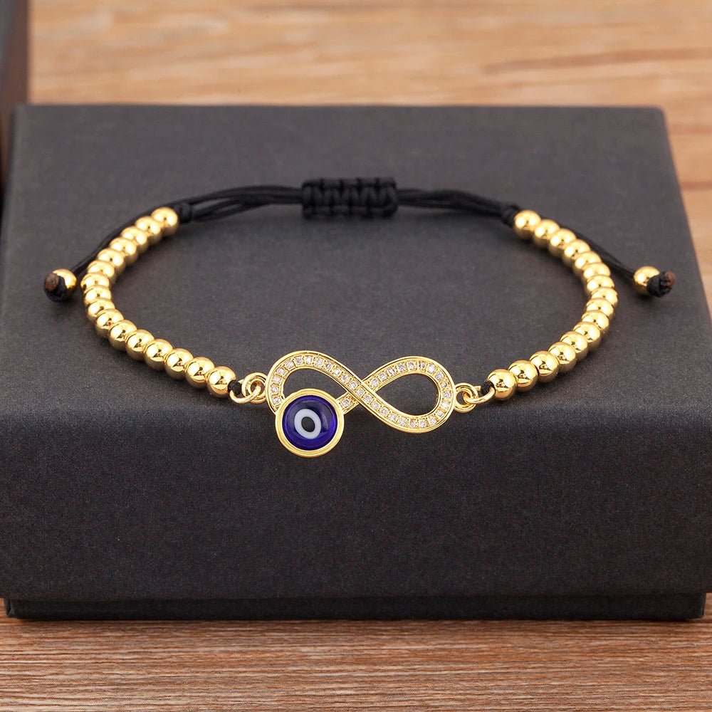 Nidin New Trendy 8 Number Shape Evil Eye Round Beads Charm Bracelets Adjustable For Women Shiny Crystal Zircon Jewelry Gifts