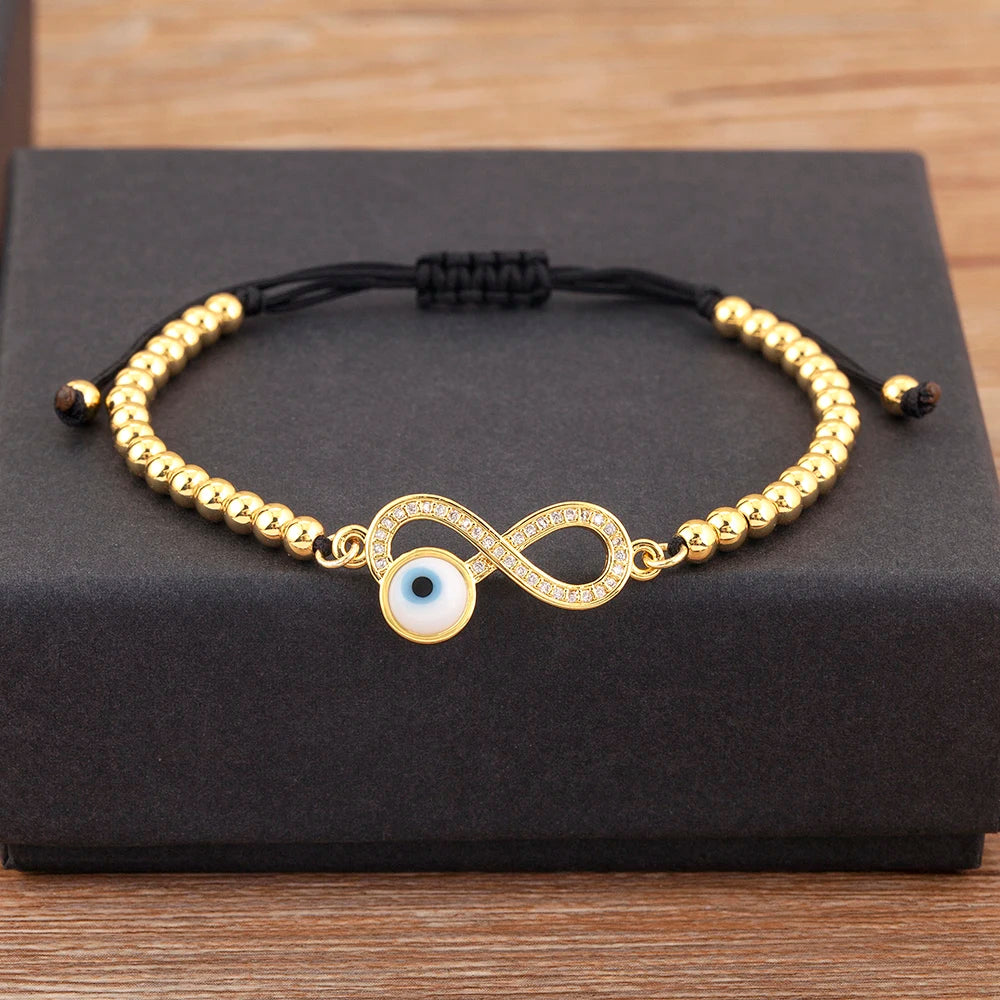 Nidin New Trendy 8 Number Shape Evil Eye Round Beads Charm Bracelets Adjustable For Women Shiny Crystal Zircon Jewelry Gifts