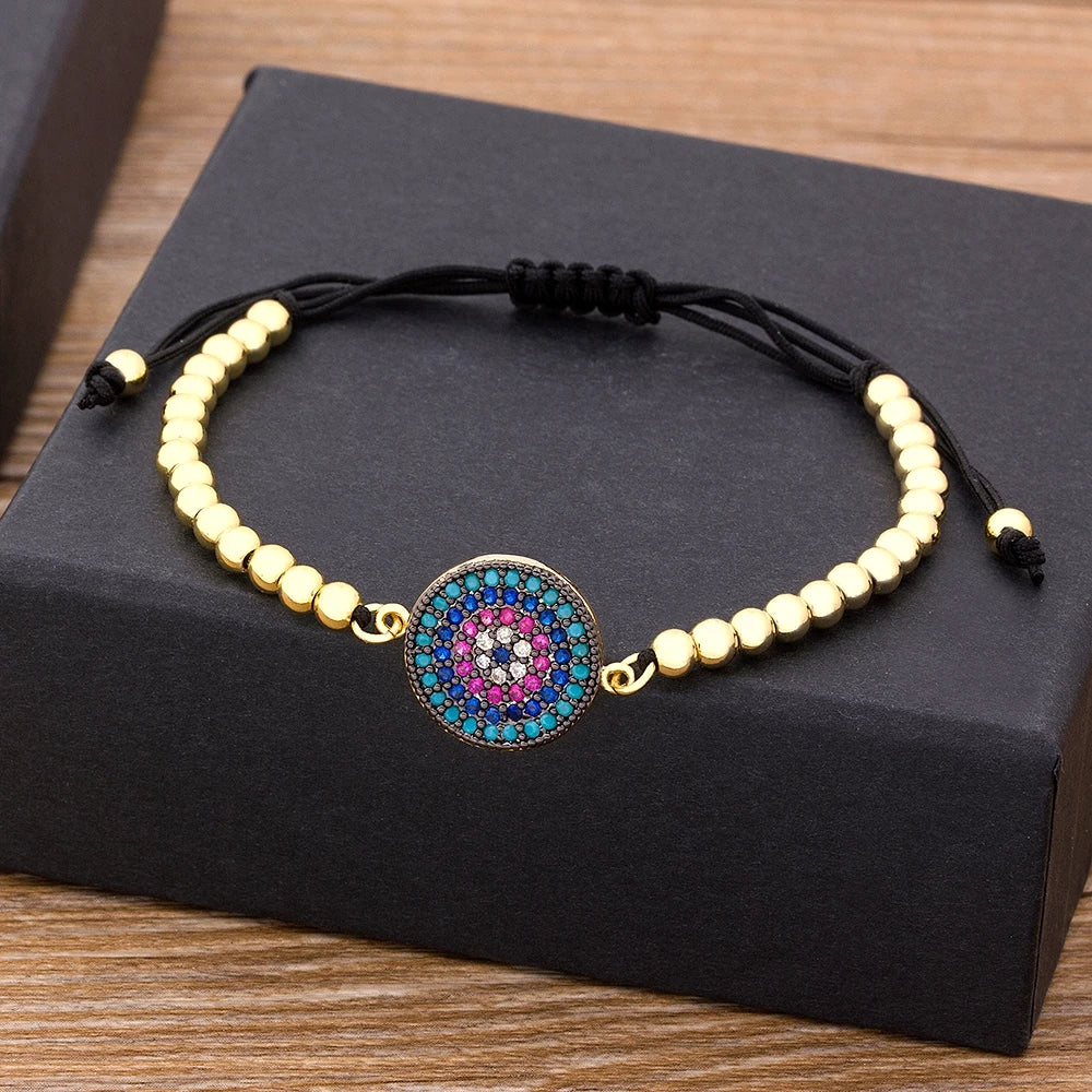 Nidin Men Trendy Turkish Evil Eye Handmade Beads Bracelet Pave CZ Eye Lucky Rope Bracelet Adjustable Female Party Jewelry Gifts