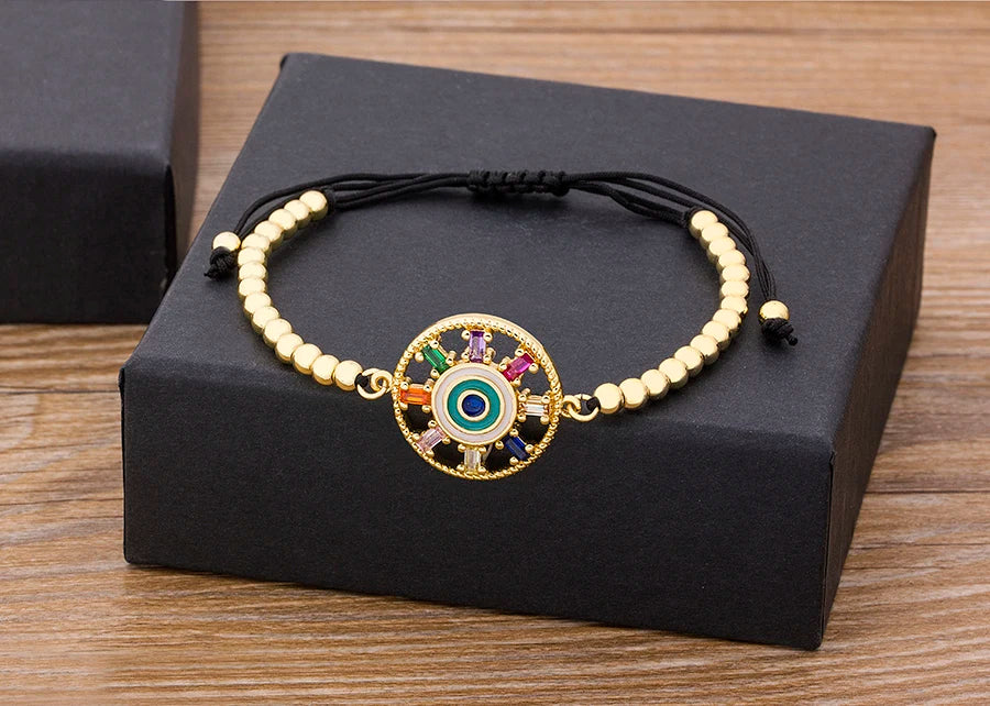 Nidin Men Trendy Turkish Evil Eye Handmade Beads Bracelet Pave CZ Eye Lucky Rope Bracelet Adjustable Female Party Jewelry Gifts