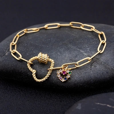 Nidin Light Luxury Classic Charm Heart Bracelet for Women Shiny Princess Cut Cubic Zircon CZ Pendant Bangles Copper Jewelry Gift