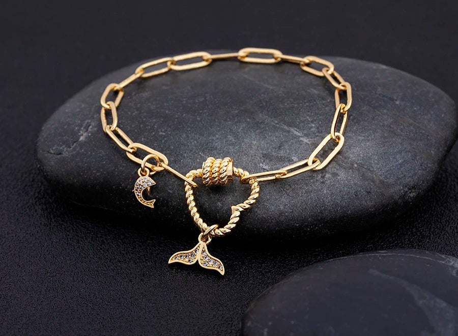 Nidin Light Luxury Classic Charm Heart Bracelet for Women Shiny Princess Cut Cubic Zircon CZ Pendant Bangles Copper Jewelry Gift