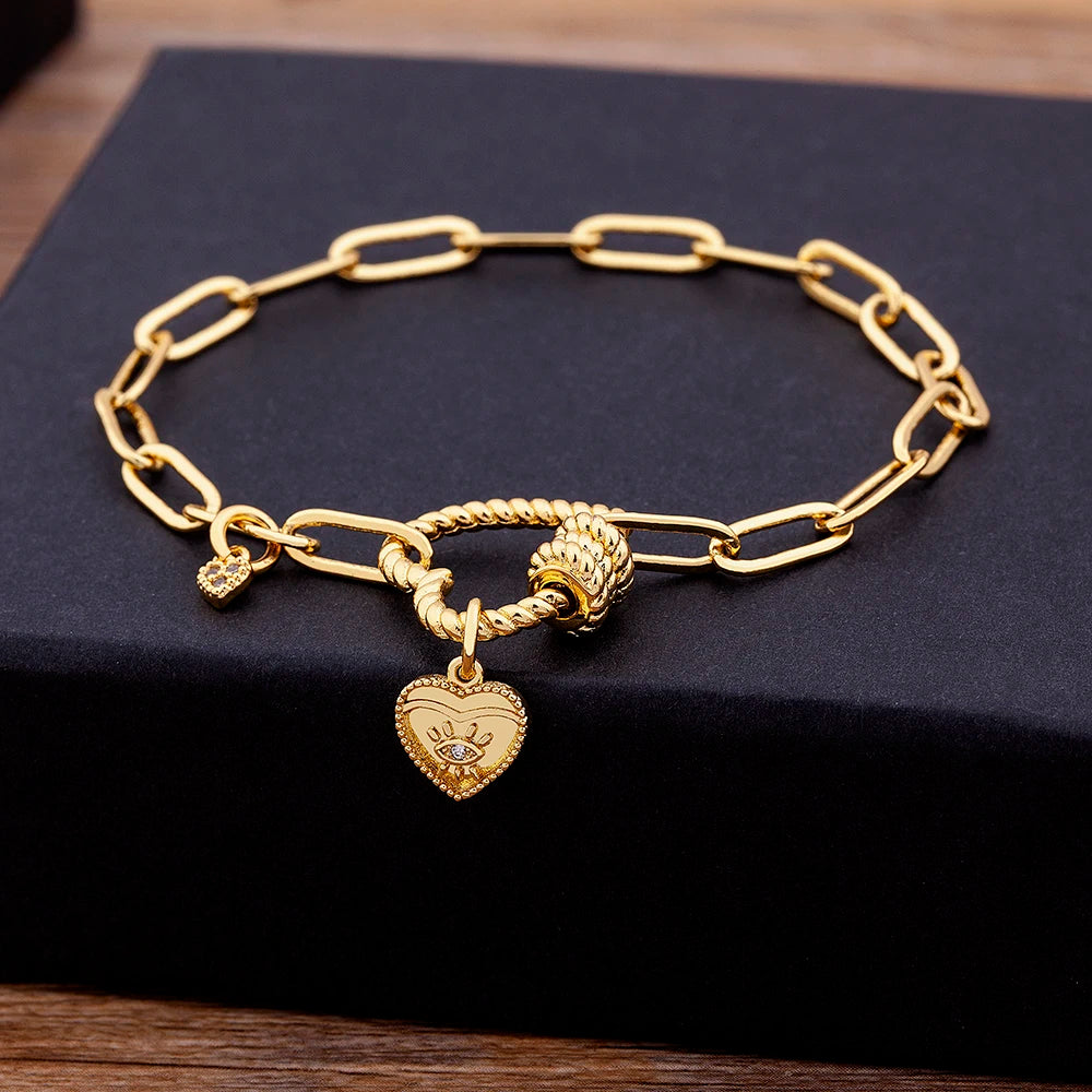 Nidin Light Luxury Classic Charm Heart Bracelet for Women Shiny Princess Cut Cubic Zircon CZ Pendant Bangles Copper Jewelry Gift