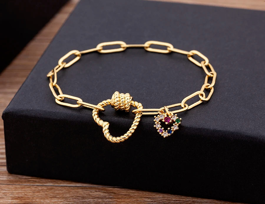 Nidin Light Luxury Classic Charm Heart Bracelet for Women Shiny Princess Cut Cubic Zircon CZ Pendant Bangles Copper Jewelry Gift