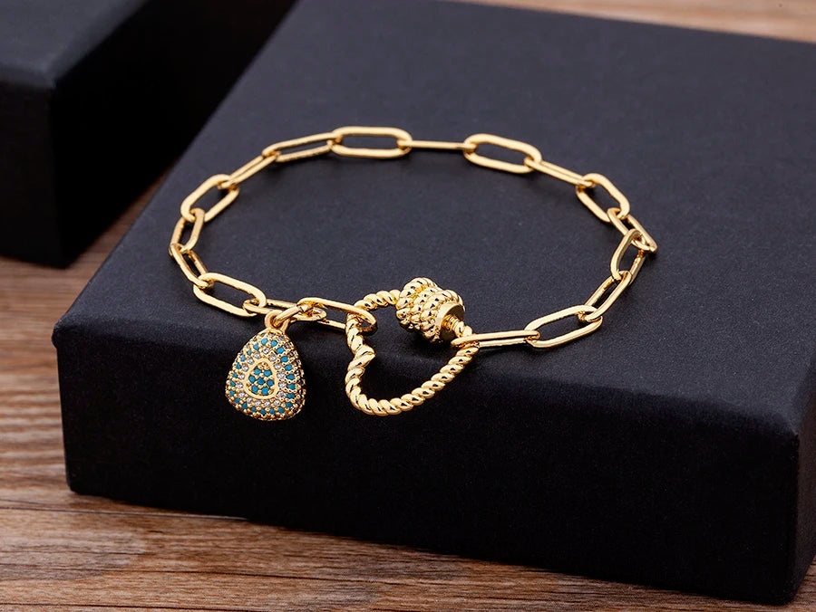 Nidin Light Luxury Classic Charm Heart Bracelet for Women Shiny Princess Cut Cubic Zircon CZ Pendant Bangles Copper Jewelry Gift