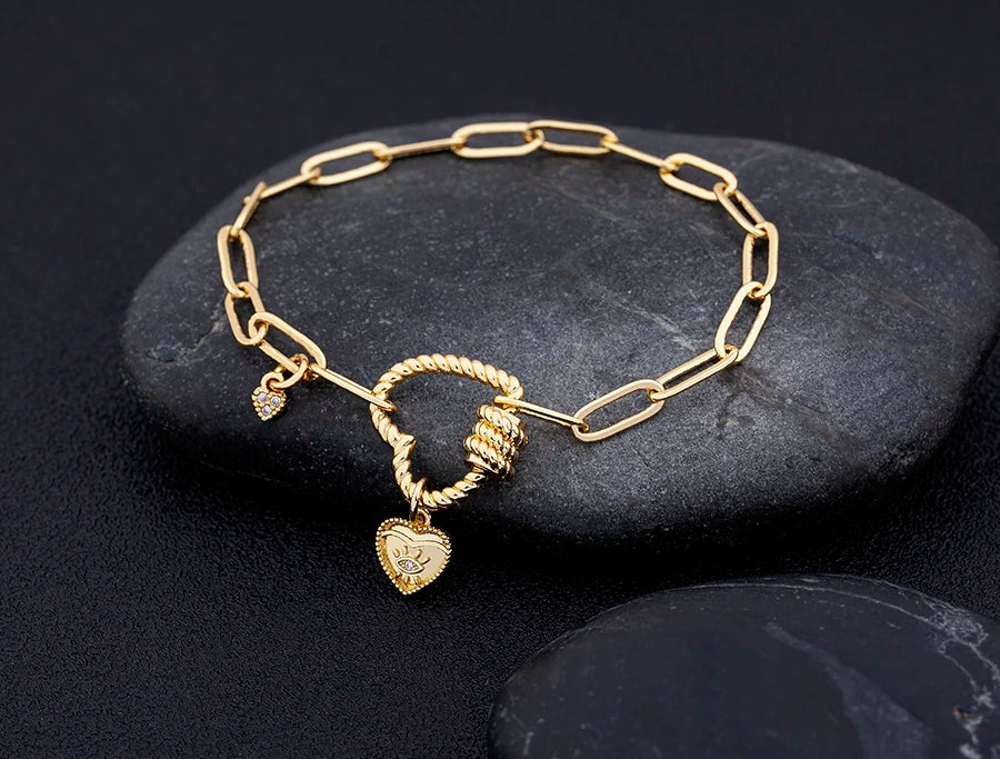 Nidin Light Luxury Classic Charm Heart Bracelet for Women Shiny Princess Cut Cubic Zircon CZ Pendant Bangles Copper Jewelry Gift