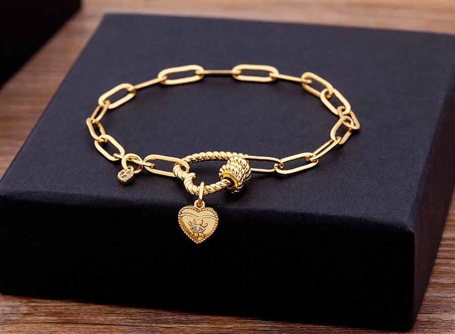 Nidin Light Luxury Classic Charm Heart Bracelet for Women Shiny Princess Cut Cubic Zircon CZ Pendant Bangles Copper Jewelry Gift