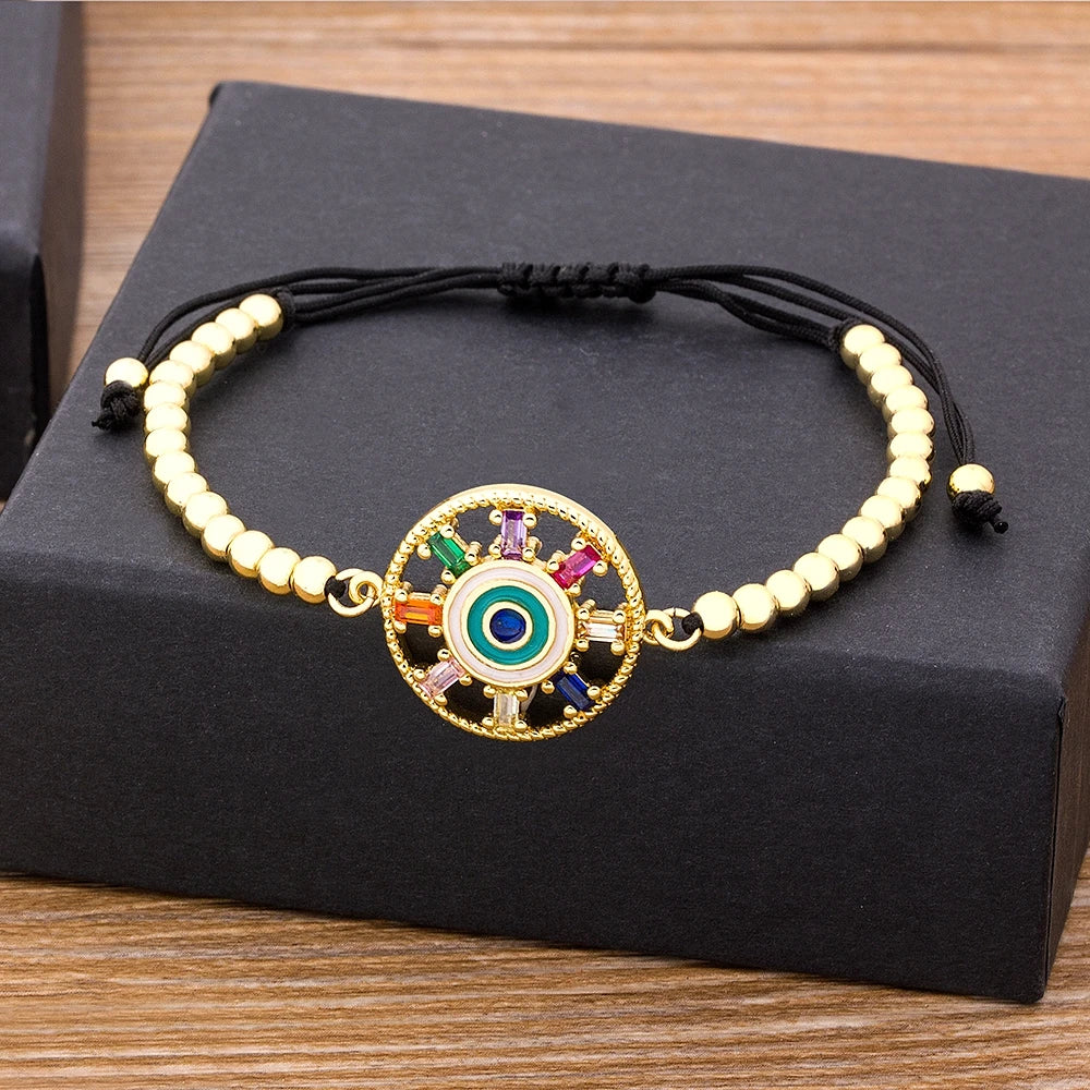 Nidin Men Trendy Turkish Evil Eye Handmade Beads Bracelet Pave CZ Eye Lucky Rope Bracelet Adjustable Female Party Jewelry Gifts
