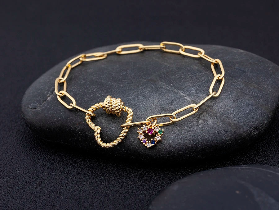 Nidin Light Luxury Classic Charm Heart Bracelet for Women Shiny Princess Cut Cubic Zircon CZ Pendant Bangles Copper Jewelry Gift