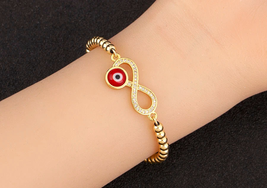 Nidin New Trendy 8 Number Shape Evil Eye Round Beads Charm Bracelets Adjustable For Women Shiny Crystal Zircon Jewelry Gifts