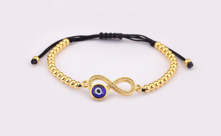 Nidin New Trendy 8 Number Shape Evil Eye Round Beads Charm Bracelets Adjustable For Women Shiny Crystal Zircon Jewelry Gifts