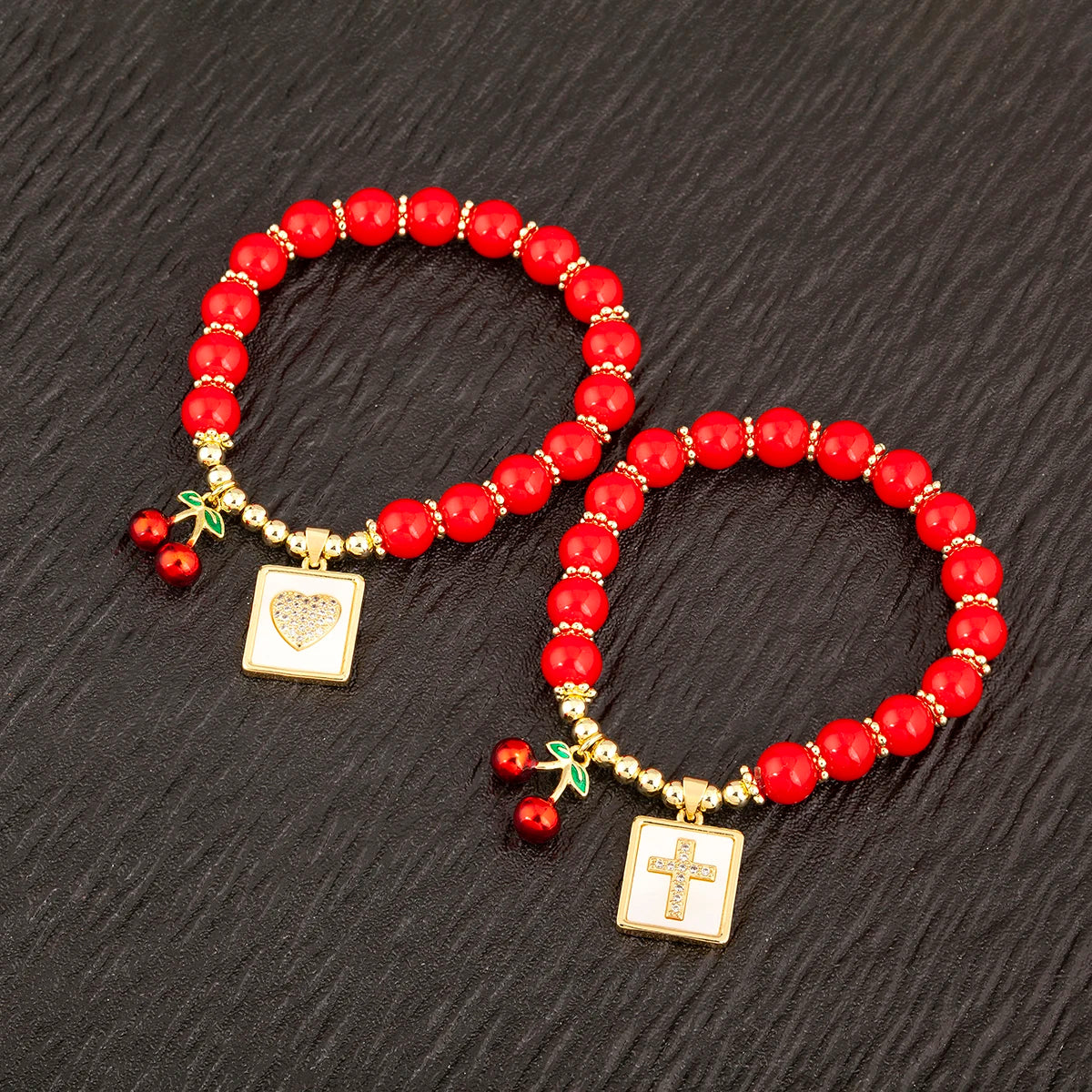 Nidin 8MM Red Beads Chain Bracelet for Women Cherry Shape Love Cross Pattern High Quality Aesthetic Lucky Jewelry Gift