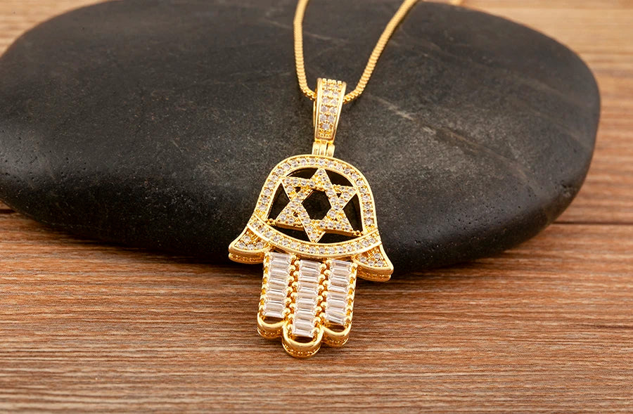 Nidin High Quality Palm Shape Heart/Star Design Cubic Zirconia Charm Pendant Necklace For Women Men Hollow Stylish Jewelry Gifts