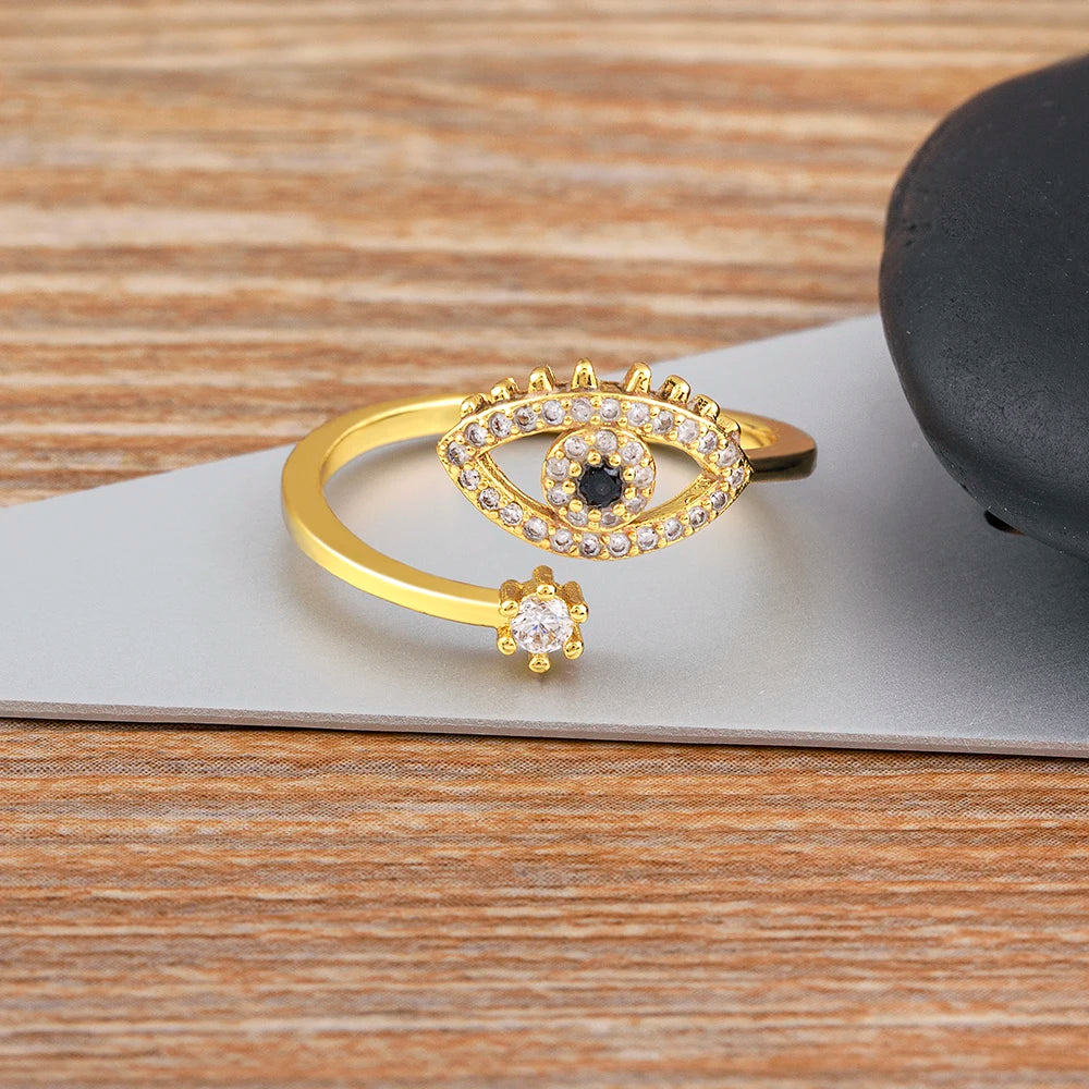 Nidin Lucky Turkish Evil Eye Open Copper Gold Color Finger Rings Adjustable for Women Girls Men Fashion Party Jewelry Gift