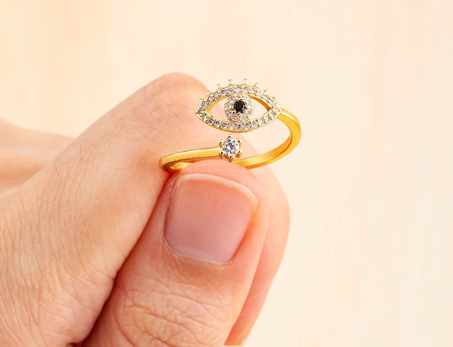 Nidin Lucky Turkish Evil Eye Open Copper Gold Color Finger Rings Adjustable for Women Girls Men Fashion Party Jewelry Gift