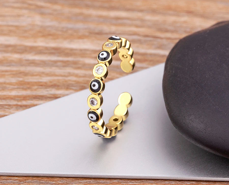 Nidin Hot Sale Lucky Evil Eye Rhinestone Rings For Women Girls Enamel Dripping Oil Finger Devil Eye Adjustable Jewelry Gift