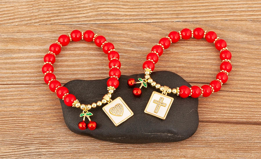 Nidin 8MM Red Beads Chain Bracelet for Women Cherry Shape Love Cross Pattern High Quality Aesthetic Lucky Jewelry Gift