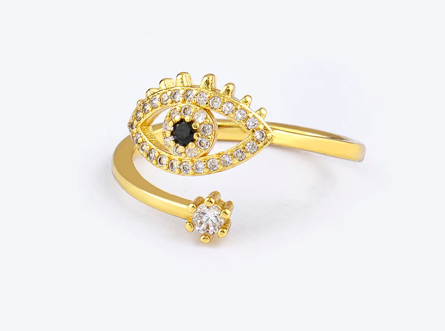Nidin Lucky Turkish Evil Eye Open Copper Gold Color Finger Rings Adjustable for Women Girls Men Fashion Party Jewelry Gift