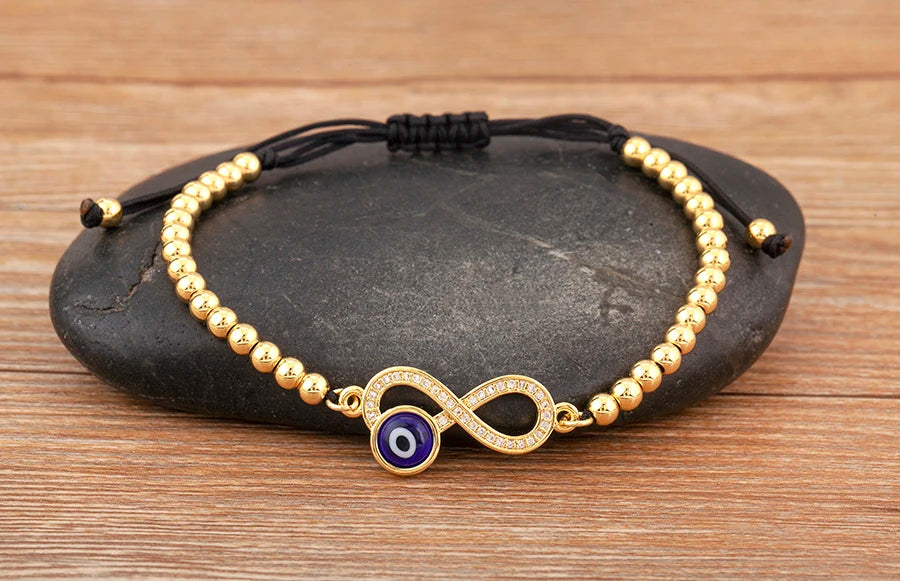 Nidin New Trendy 8 Number Shape Evil Eye Round Beads Charm Bracelets Adjustable For Women Shiny Crystal Zircon Jewelry Gifts