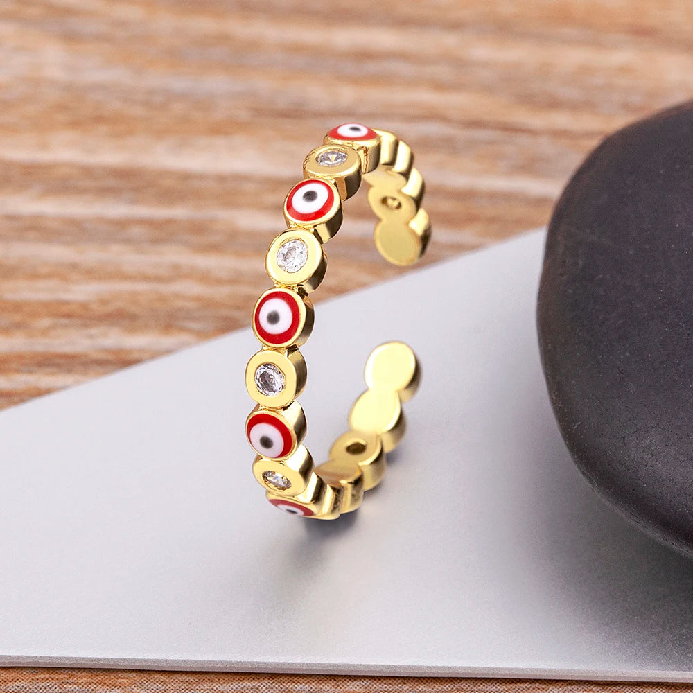 Nidin Hot Sale Lucky Evil Eye Rhinestone Rings For Women Girls Enamel Dripping Oil Finger Devil Eye Adjustable Jewelry Gift