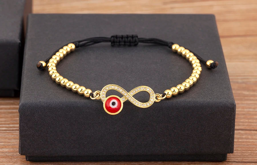 Nidin New Trendy 8 Number Shape Evil Eye Round Beads Charm Bracelets Adjustable For Women Shiny Crystal Zircon Jewelry Gifts