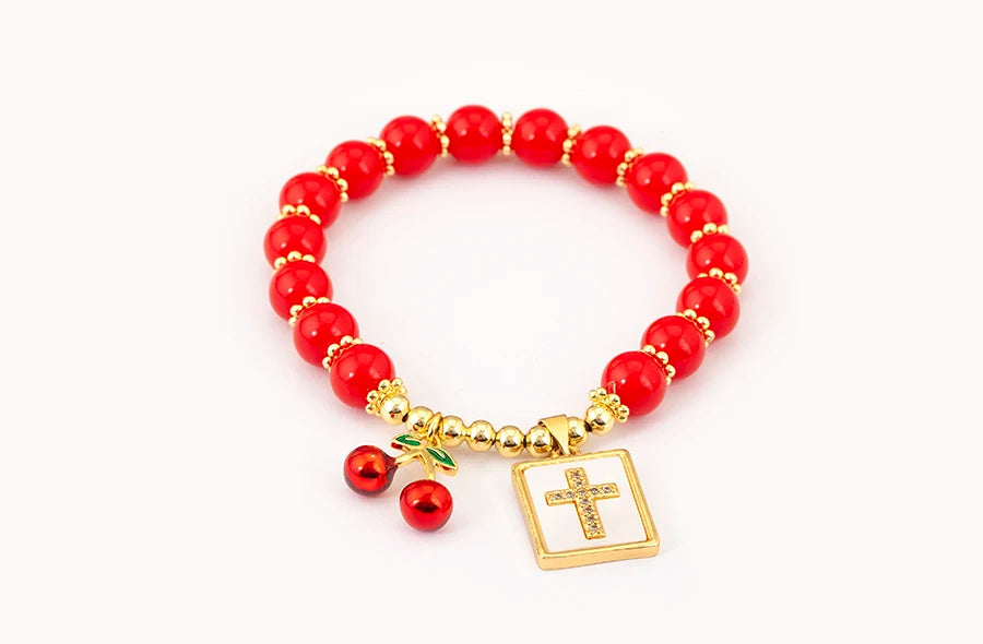 Nidin 8MM Red Beads Chain Bracelet for Women Cherry Shape Love Cross Pattern High Quality Aesthetic Lucky Jewelry Gift