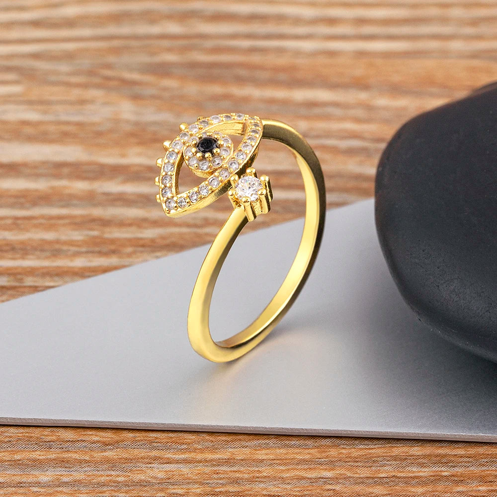Nidin Lucky Turkish Evil Eye Open Copper Gold Color Finger Rings Adjustable for Women Girls Men Fashion Party Jewelry Gift