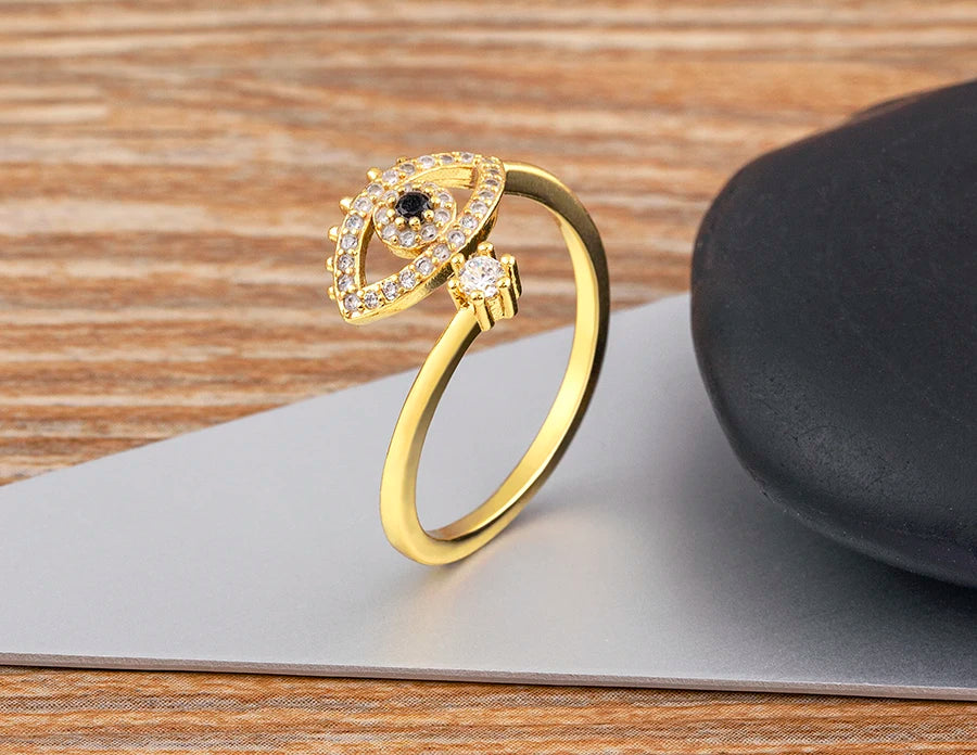 Nidin Lucky Turkish Evil Eye Open Copper Gold Color Finger Rings Adjustable for Women Girls Men Fashion Party Jewelry Gift