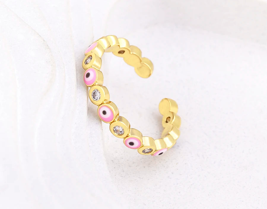 Nidin Hot Sale Lucky Evil Eye Rhinestone Rings For Women Girls Enamel Dripping Oil Finger Devil Eye Adjustable Jewelry Gift