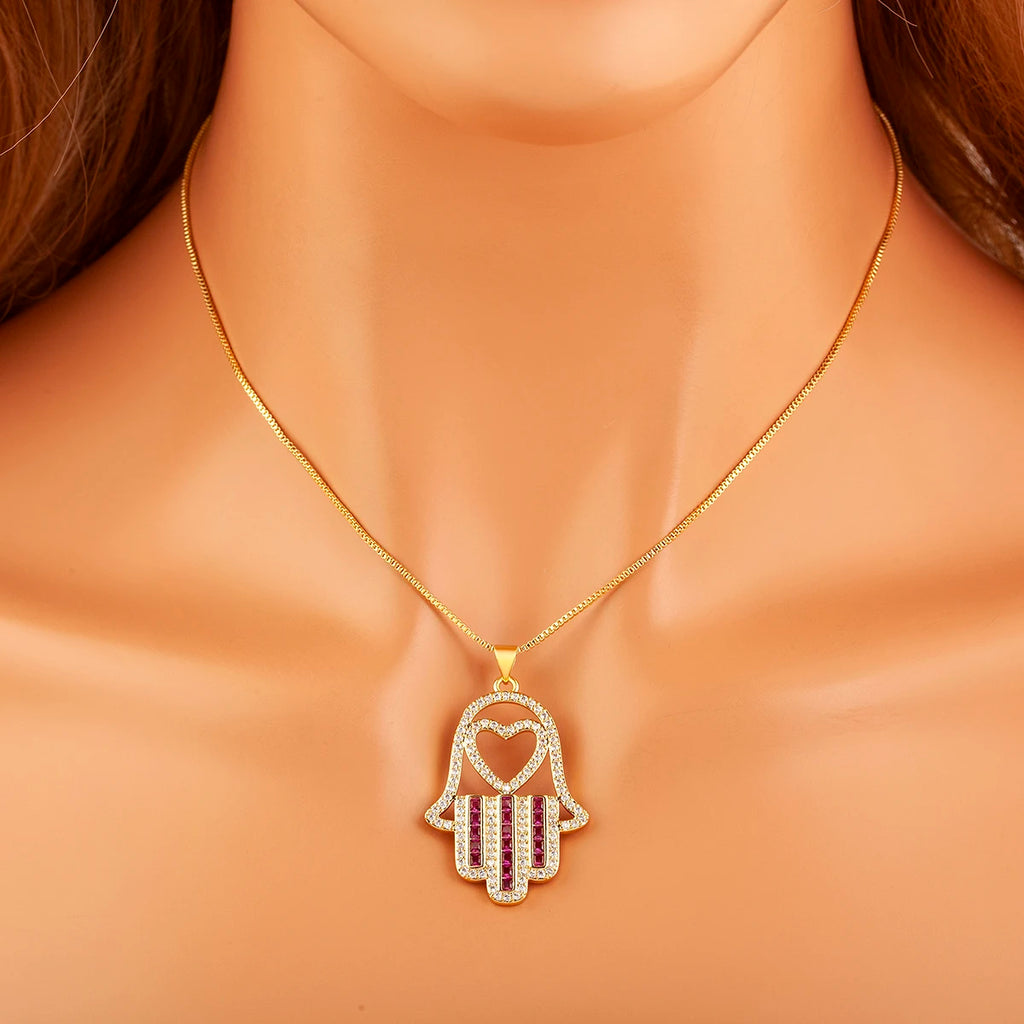 Nidin High Quality Palm Shape Heart/Star Design Cubic Zirconia Charm Pendant Necklace For Women Men Hollow Stylish Jewelry Gifts