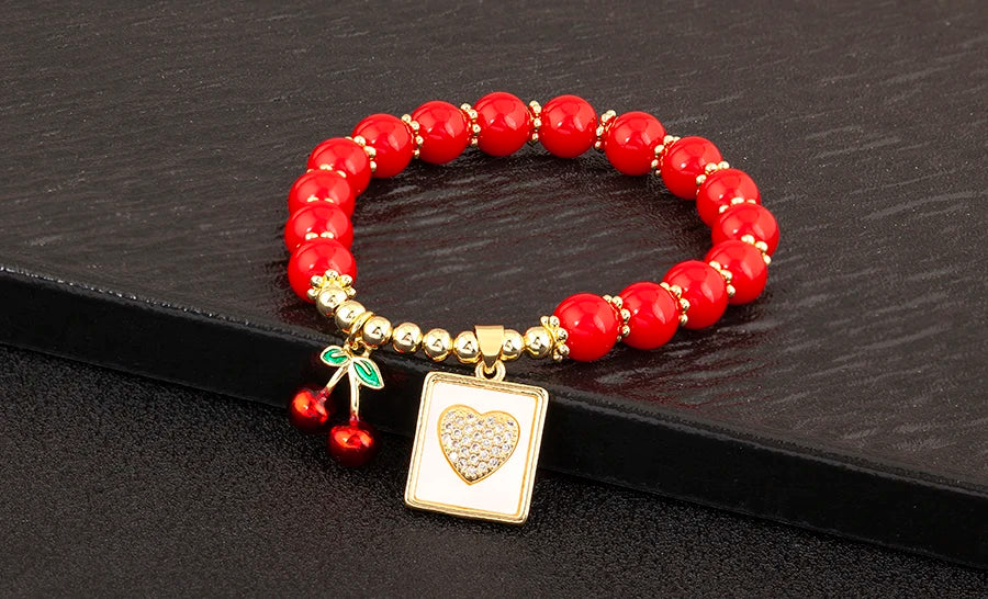 Nidin 8MM Red Beads Chain Bracelet for Women Cherry Shape Love Cross Pattern High Quality Aesthetic Lucky Jewelry Gift
