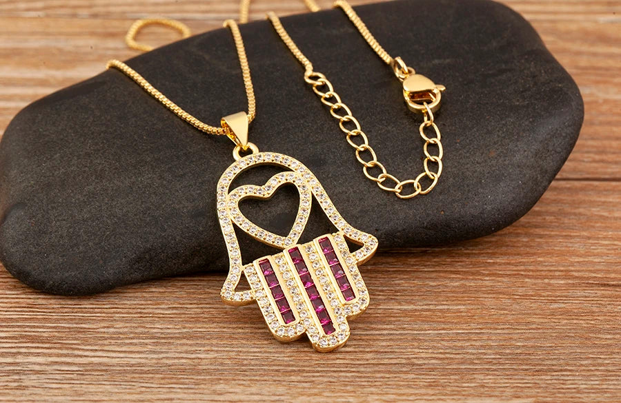 Nidin High Quality Palm Shape Heart/Star Design Cubic Zirconia Charm Pendant Necklace For Women Men Hollow Stylish Jewelry Gifts