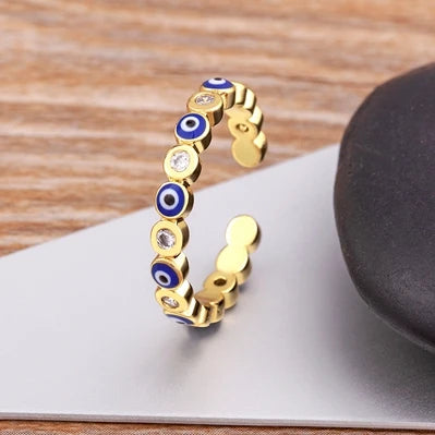 Nidin Hot Sale Lucky Evil Eye Rhinestone Rings For Women Girls Enamel Dripping Oil Finger Devil Eye Adjustable Jewelry Gift