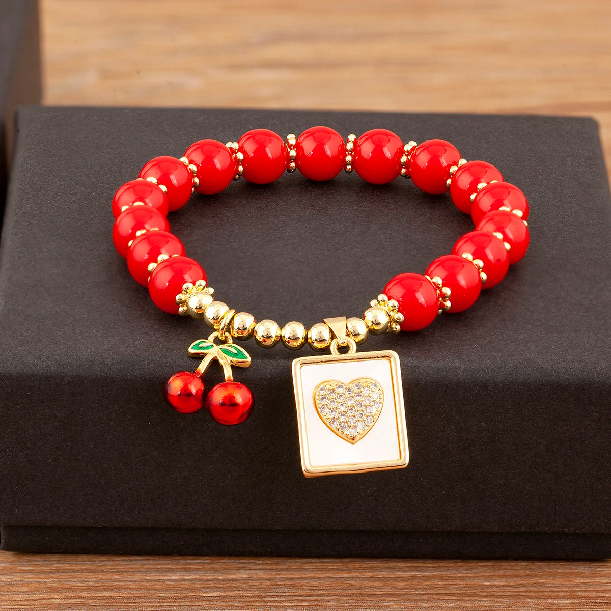 Nidin 8MM Red Beads Chain Bracelet for Women Cherry Shape Love Cross Pattern High Quality Aesthetic Lucky Jewelry Gift