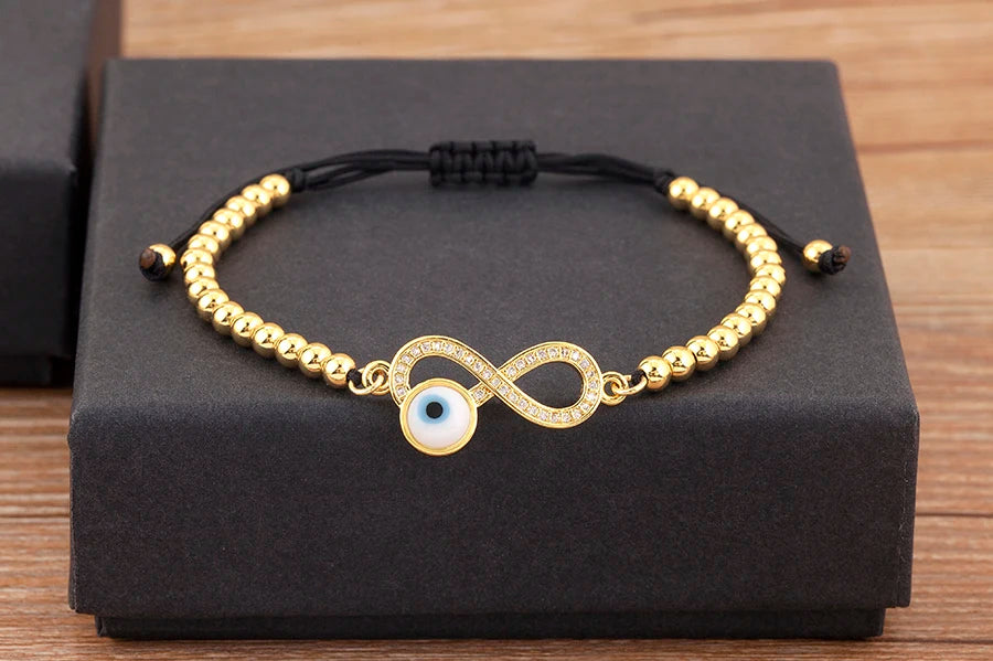 Nidin New Trendy 8 Number Shape Evil Eye Round Beads Charm Bracelets Adjustable For Women Shiny Crystal Zircon Jewelry Gifts