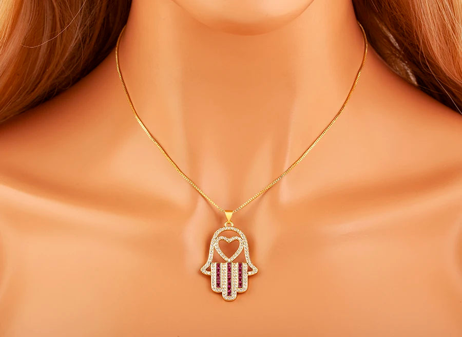 Nidin High Quality Palm Shape Heart/Star Design Cubic Zirconia Charm Pendant Necklace For Women Men Hollow Stylish Jewelry Gifts