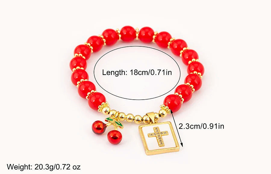 Nidin 8MM Red Beads Chain Bracelet for Women Cherry Shape Love Cross Pattern High Quality Aesthetic Lucky Jewelry Gift