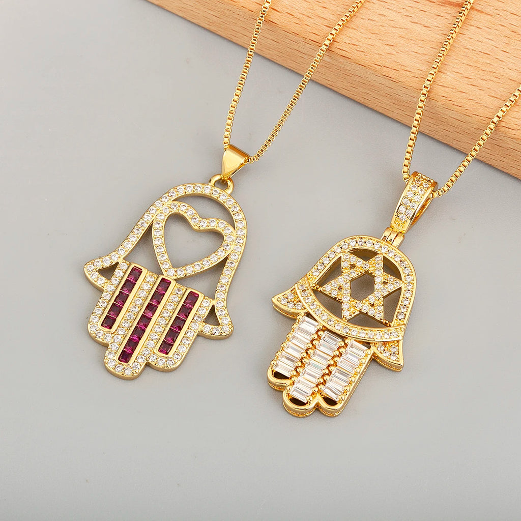 Nidin High Quality Palm Shape Heart/Star Design Cubic Zirconia Charm Pendant Necklace For Women Men Hollow Stylish Jewelry Gifts