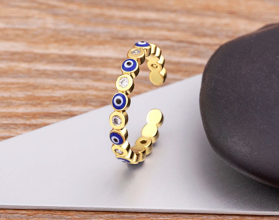 Nidin Hot Sale Lucky Evil Eye Rhinestone Rings For Women Girls Enamel Dripping Oil Finger Devil Eye Adjustable Jewelry Gift