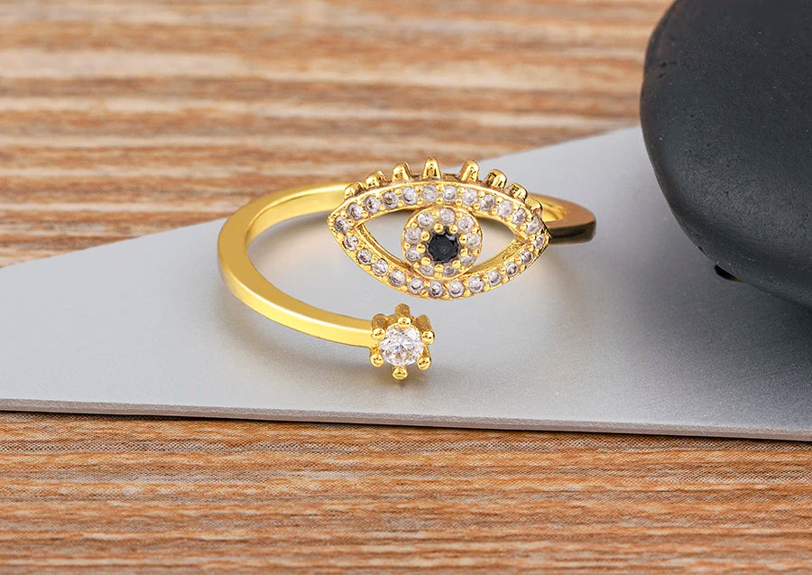 Nidin Lucky Turkish Evil Eye Open Copper Gold Color Finger Rings Adjustable for Women Girls Men Fashion Party Jewelry Gift