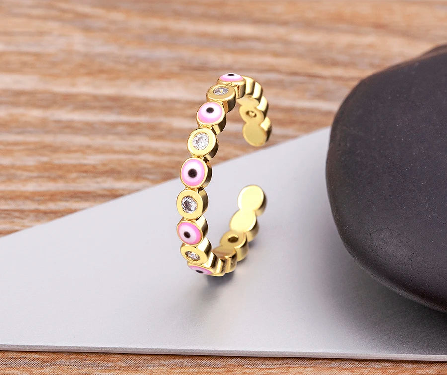 Nidin Hot Sale Lucky Evil Eye Rhinestone Rings For Women Girls Enamel Dripping Oil Finger Devil Eye Adjustable Jewelry Gift