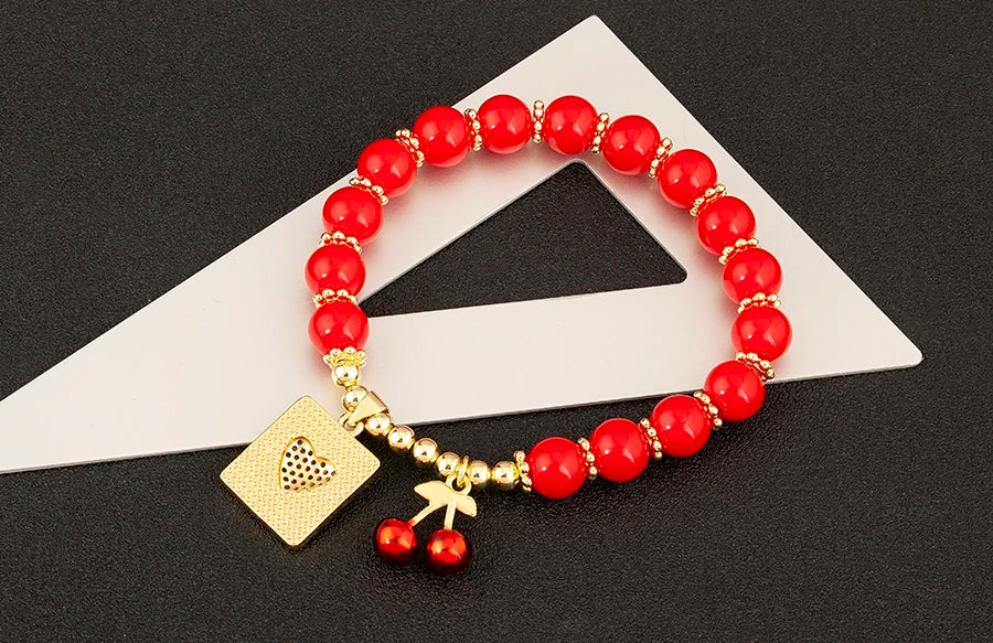 Nidin 8MM Red Beads Chain Bracelet for Women Cherry Shape Love Cross Pattern High Quality Aesthetic Lucky Jewelry Gift