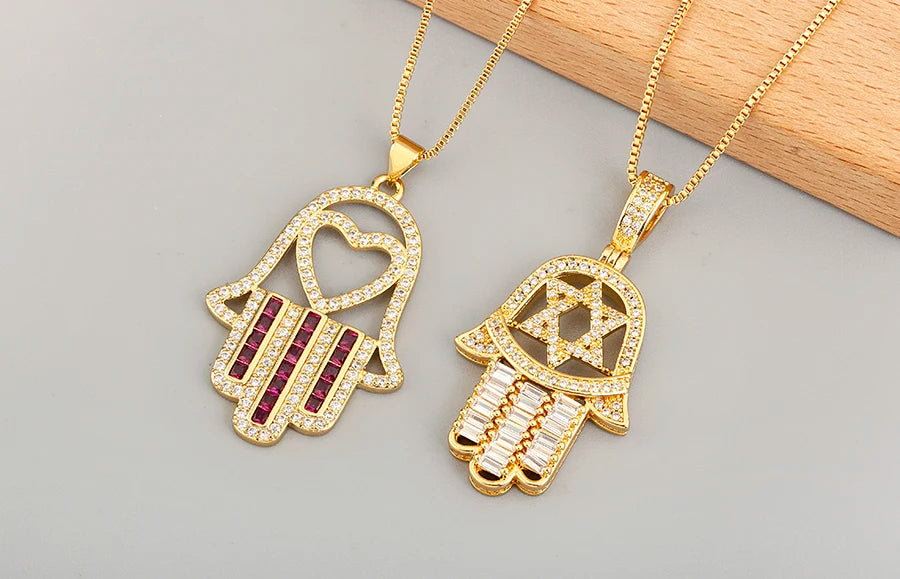 Nidin High Quality Palm Shape Heart/Star Design Cubic Zirconia Charm Pendant Necklace For Women Men Hollow Stylish Jewelry Gifts