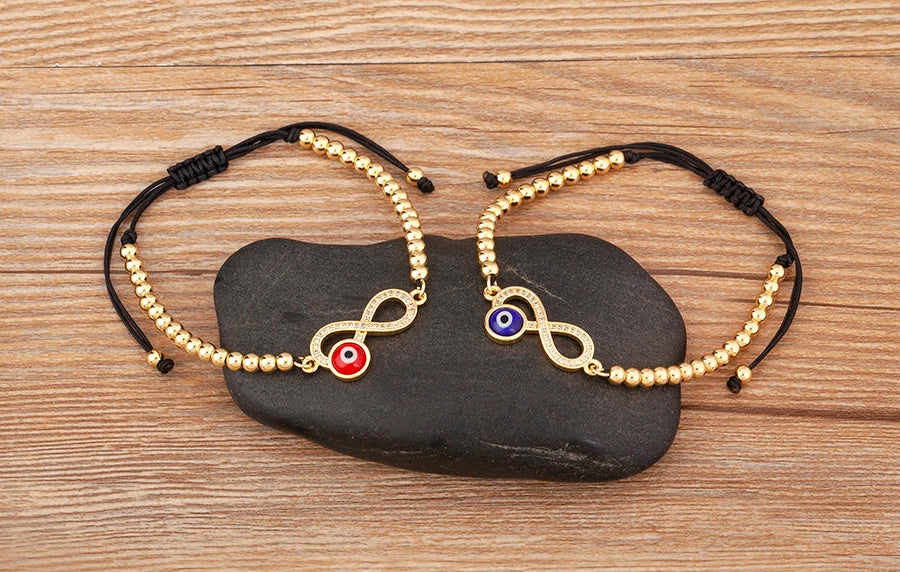 Nidin New Trendy 8 Number Shape Evil Eye Round Beads Charm Bracelets Adjustable For Women Shiny Crystal Zircon Jewelry Gifts