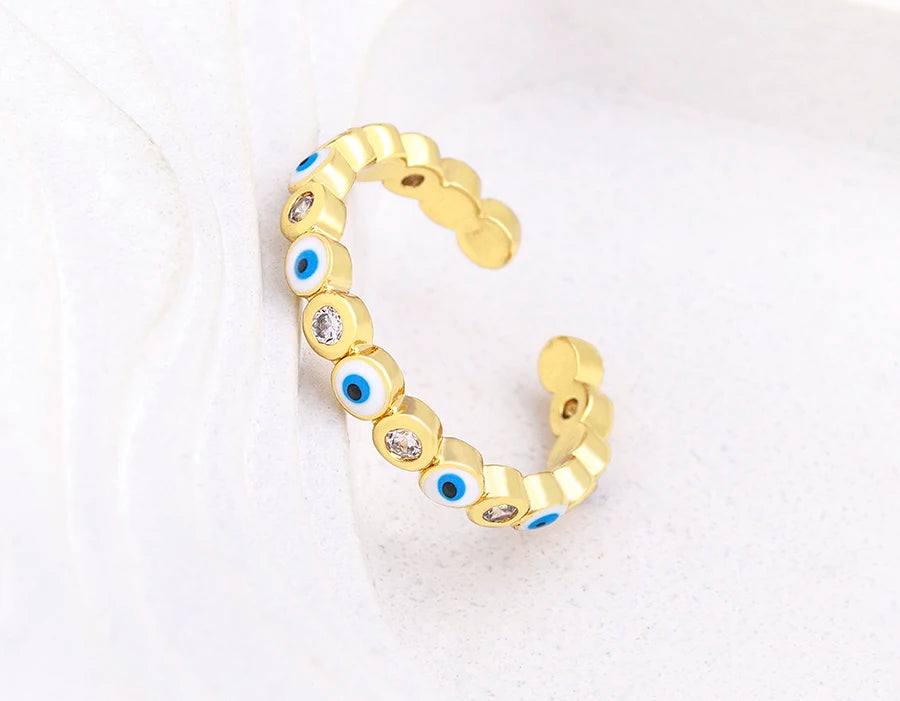 Nidin Hot Sale Lucky Evil Eye Rhinestone Rings For Women Girls Enamel Dripping Oil Finger Devil Eye Adjustable Jewelry Gift